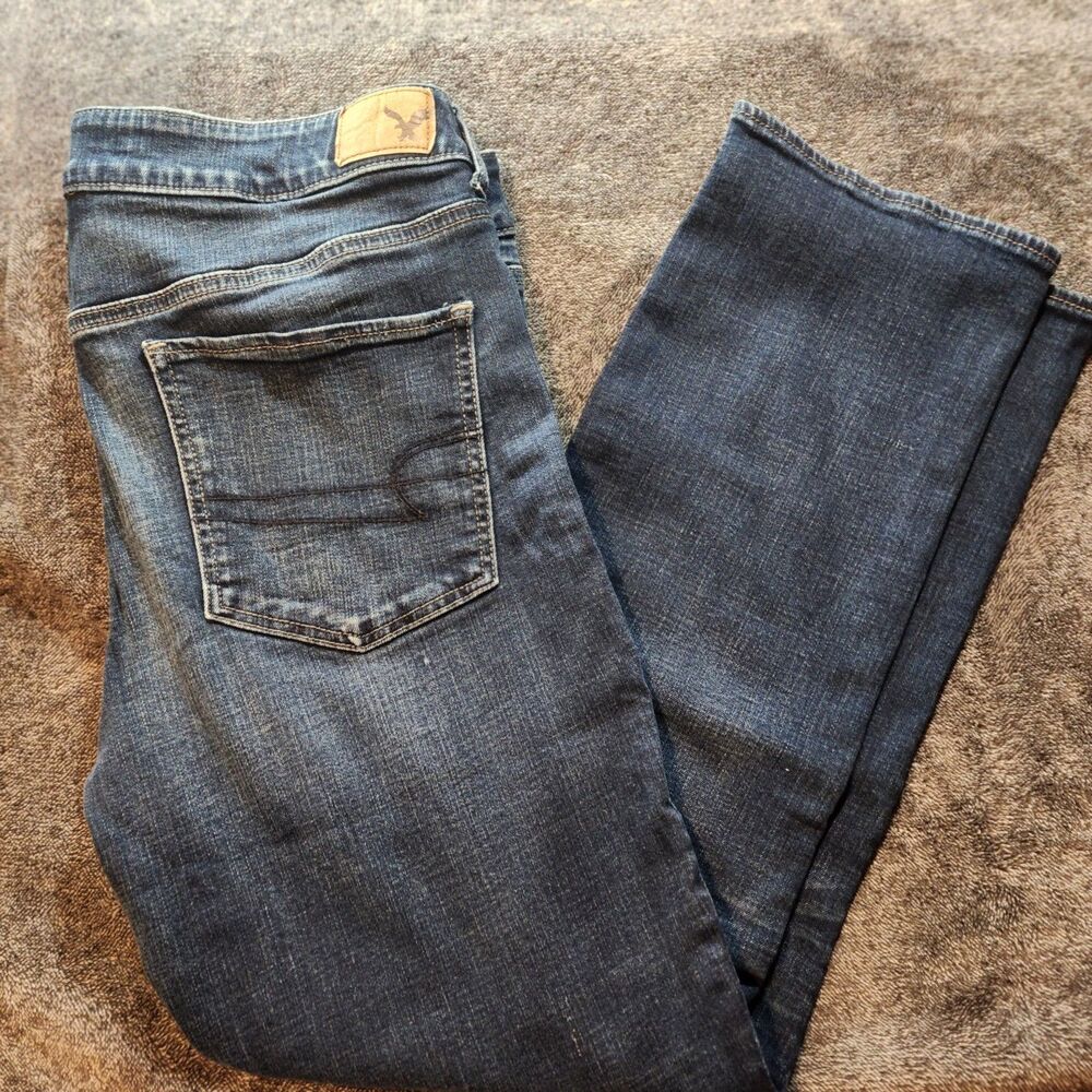 American Eagle Super High Straight Leg Jeans Women 16 Short Blue Denim stretch